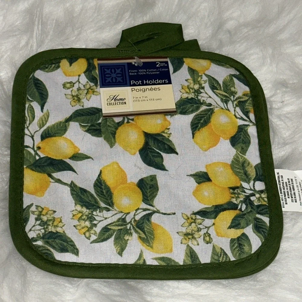 Home Collection 4pc Lemon Kitchen Set Oven Mitt Pot Holders Towel Yellow Green